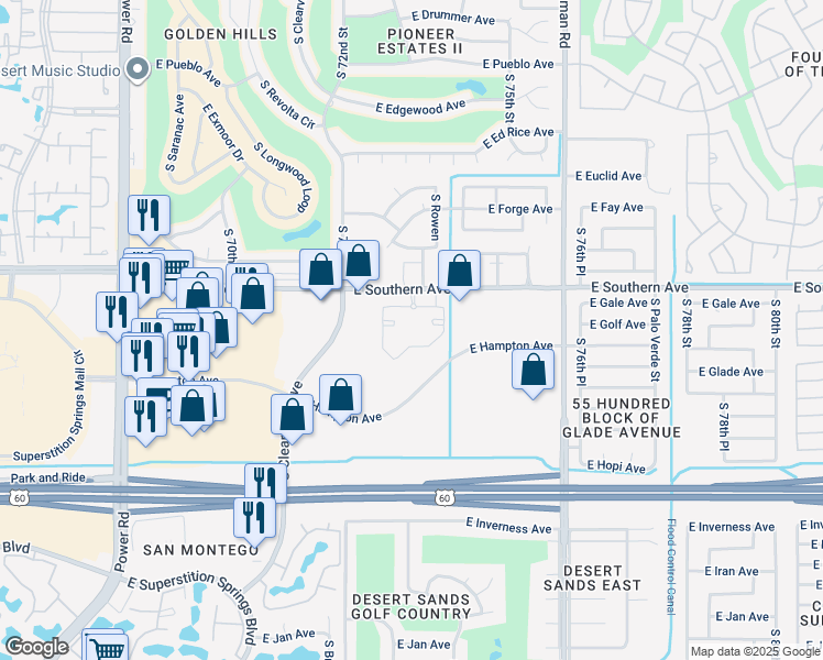 map of restaurants, bars, coffee shops, grocery stores, and more near 7311 East Southern Avenue in Mesa