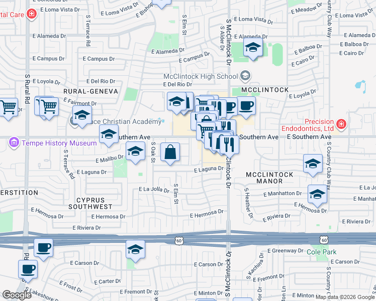 map of restaurants, bars, coffee shops, grocery stores, and more near 10 East Apartment in Tempe