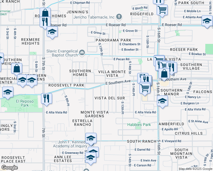map of restaurants, bars, coffee shops, grocery stores, and more near 6023 South 12 Place in Phoenix