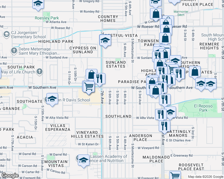 map of restaurants, bars, coffee shops, grocery stores, and more near 6020 South 5th Avenue in Phoenix