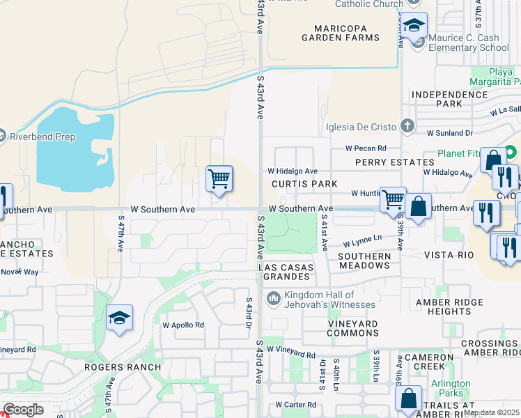 map of restaurants, bars, coffee shops, grocery stores, and more near W Southern Ave & S 43rd Ave in Maricopa County