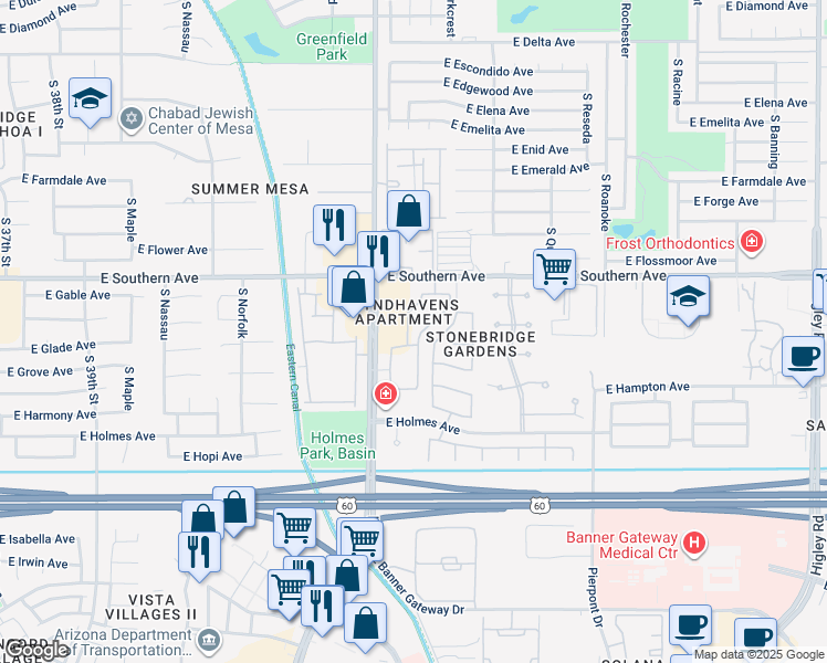 map of restaurants, bars, coffee shops, grocery stores, and more near 1361 South Greenfield Road in Mesa