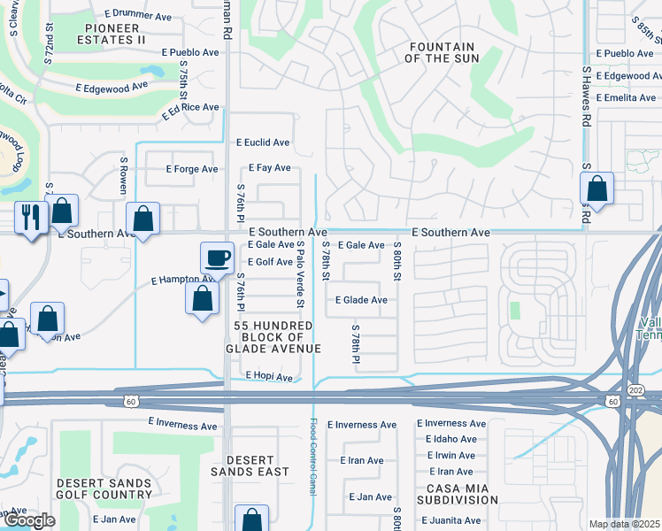 map of restaurants, bars, coffee shops, grocery stores, and more near 1262 South 78th Street in Mesa