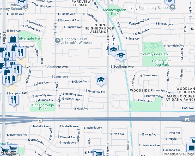 map of restaurants, bars, coffee shops, grocery stores, and more near 2160 South Lindsay Road in Mesa