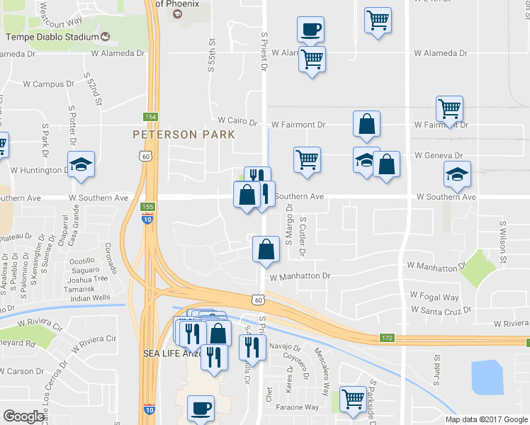 map of restaurants, bars, coffee shops, grocery stores, and more near 16G South Priest Drive in Tempe