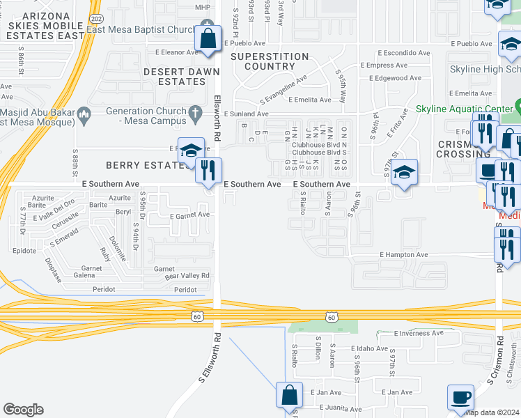 map of restaurants, bars, coffee shops, grocery stores, and more near 1229 South Ellsworth Road in Mesa