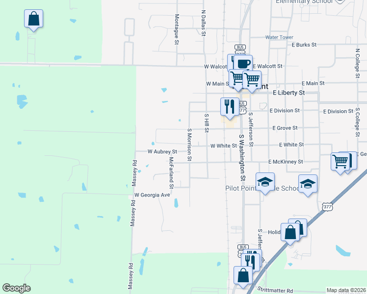 map of restaurants, bars, coffee shops, grocery stores, and more near 500 South Morrison Street in Pilot Point