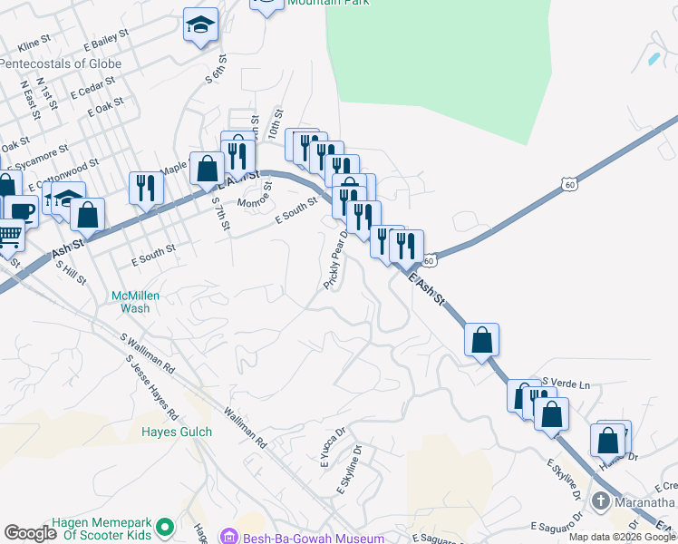 map of restaurants, bars, coffee shops, grocery stores, and more near 755 Prickly Pear Drive in Globe