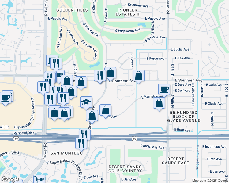 map of restaurants, bars, coffee shops, grocery stores, and more near 7211 East Southern Avenue in Mesa