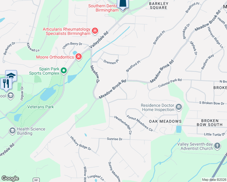map of restaurants, bars, coffee shops, grocery stores, and more near 5249 Meadow Brook Road in Birmingham