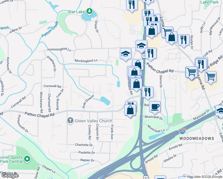 map of restaurants, bars, coffee shops, grocery stores, and more near 1872 Patton Chapel Road in Hoover