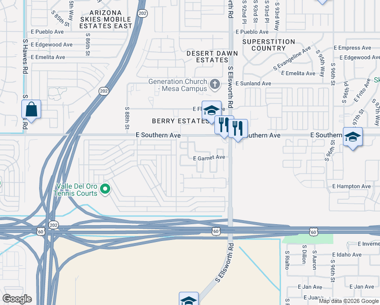 map of restaurants, bars, coffee shops, grocery stores, and more near 9039 East Garnet Avenue in Mesa