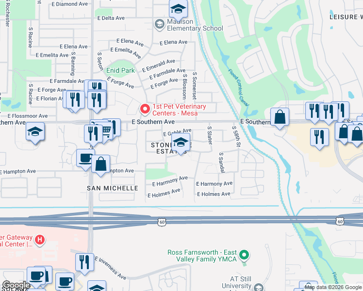 map of restaurants, bars, coffee shops, grocery stores, and more near 5548 East Glade Avenue in Mesa