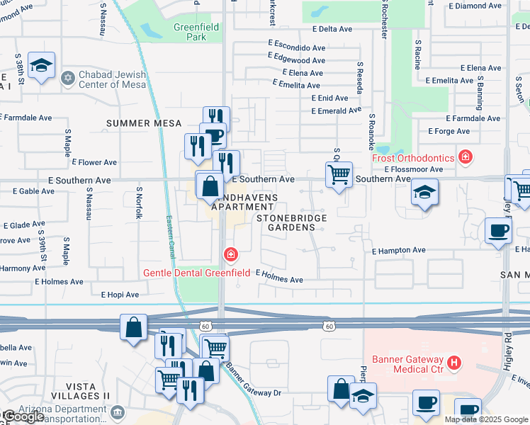 map of restaurants, bars, coffee shops, grocery stores, and more near 4527 East Glade Circle in Mesa