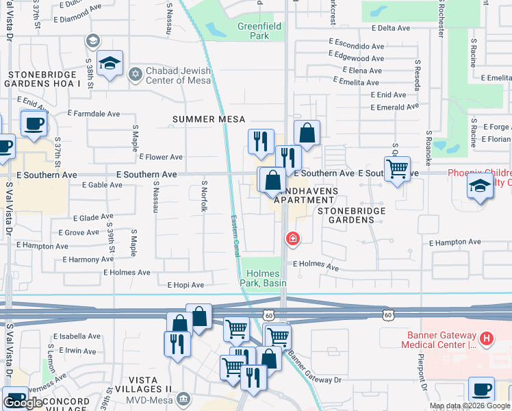 map of restaurants, bars, coffee shops, grocery stores, and more near 1350 South Greenfield Road in Mesa