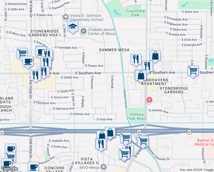 map of restaurants, bars, coffee shops, grocery stores, and more near 4121 East Glade Circle in Mesa