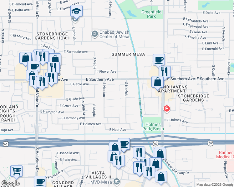 map of restaurants, bars, coffee shops, grocery stores, and more near 4121 East Glade Circle in Mesa
