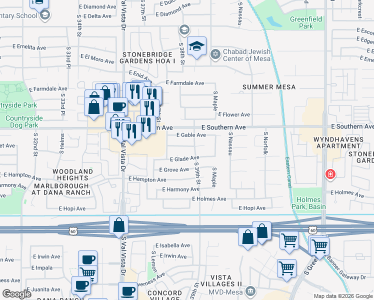 map of restaurants, bars, coffee shops, grocery stores, and more near 3845 East Glade Avenue in Mesa