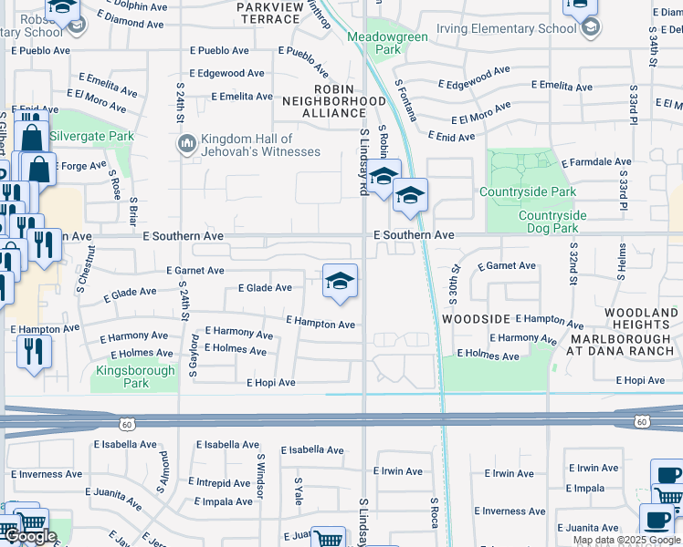 map of restaurants, bars, coffee shops, grocery stores, and more near 2160 South Lindsay Road in Mesa