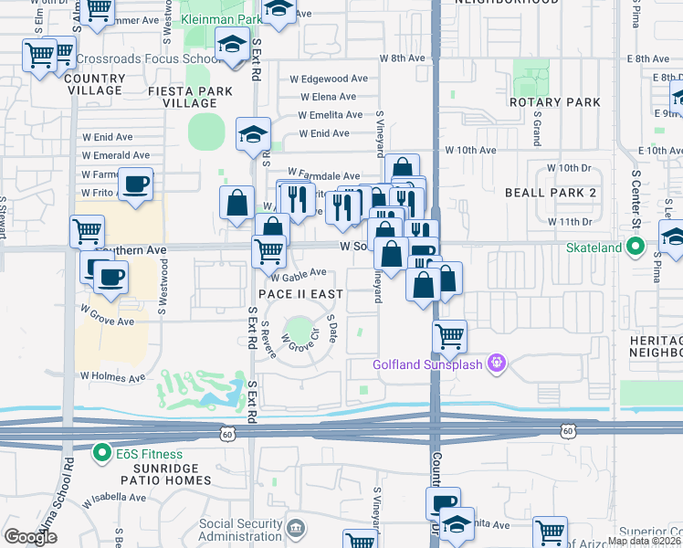 map of restaurants, bars, coffee shops, grocery stores, and more near 1301 South Date in Mesa
