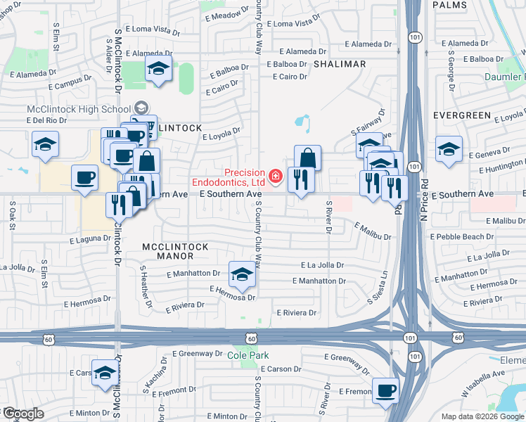 map of restaurants, bars, coffee shops, grocery stores, and more near 2015 East Malibu Drive in Tempe