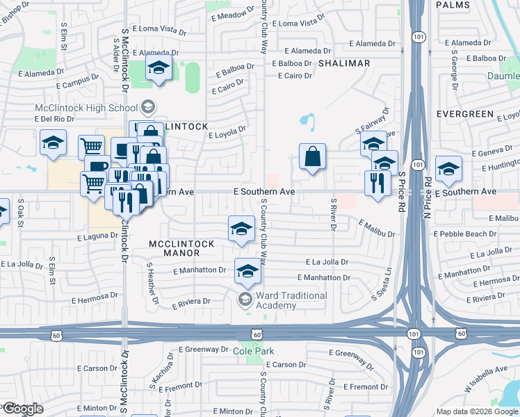 map of restaurants, bars, coffee shops, grocery stores, and more near 1976 East Laguna Drive in Tempe