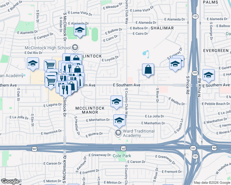 map of restaurants, bars, coffee shops, grocery stores, and more near 1976 East Laguna Drive in Tempe