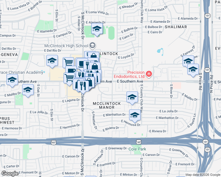 map of restaurants, bars, coffee shops, grocery stores, and more near 1910 East Laguna Drive in Tempe