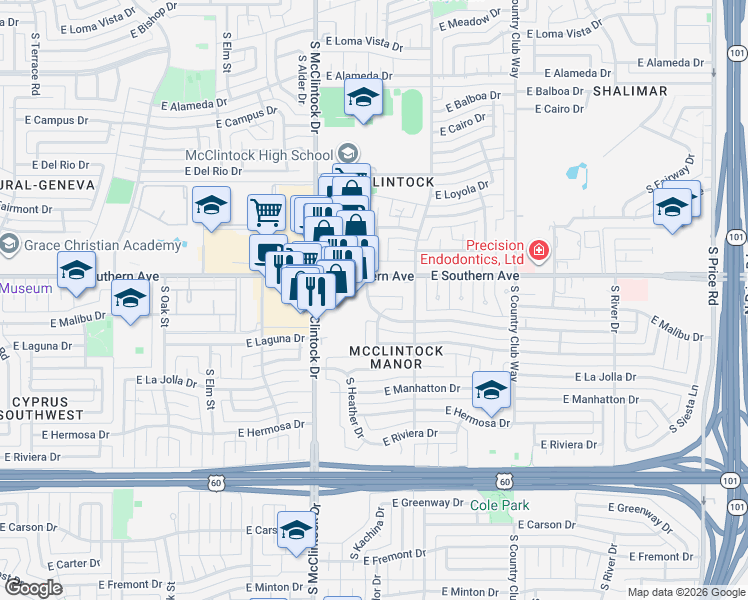 map of restaurants, bars, coffee shops, grocery stores, and more near 1840 East Laguna Drive in Tempe