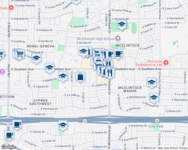 map of restaurants, bars, coffee shops, grocery stores, and more near 10 East Apartment in Tempe