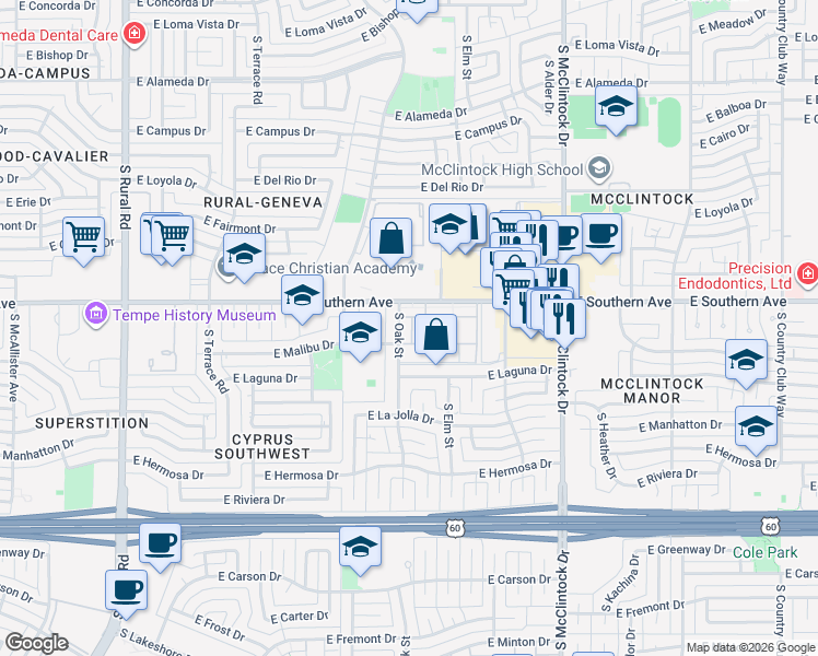 map of restaurants, bars, coffee shops, grocery stores, and more near 1501 East Newport in Tempe