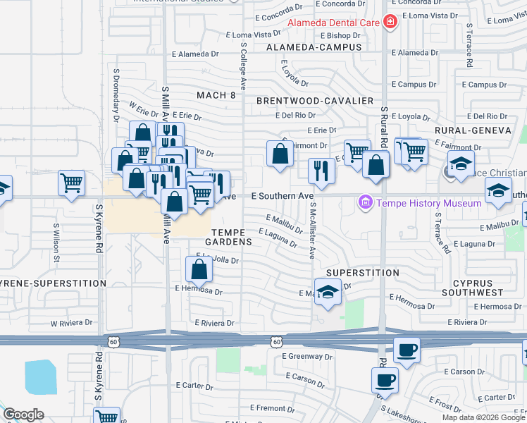 map of restaurants, bars, coffee shops, grocery stores, and more near 415 East Malibu Drive in Tempe