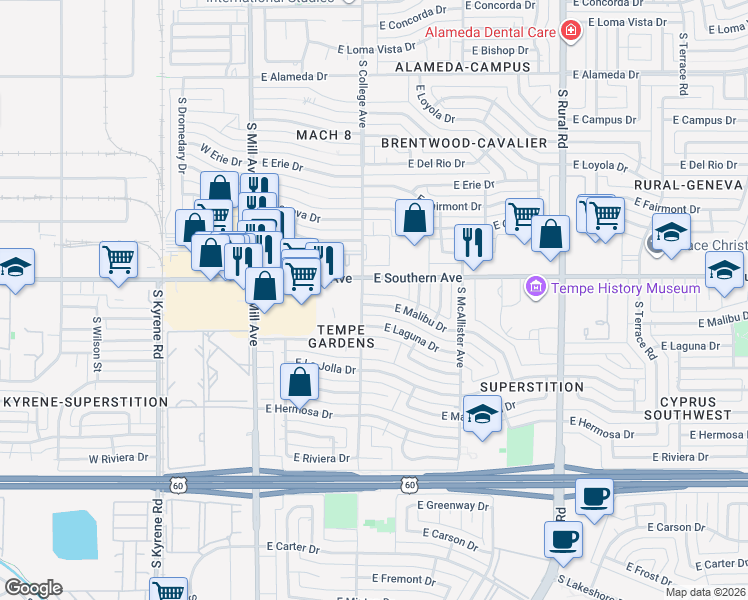 map of restaurants, bars, coffee shops, grocery stores, and more near 314 East Laguna Drive in Tempe
