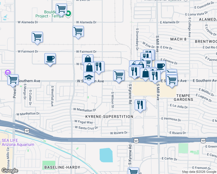 map of restaurants, bars, coffee shops, grocery stores, and more near 3500 South Wilson Street in Tempe