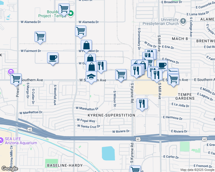 map of restaurants, bars, coffee shops, grocery stores, and more near 3412 South Roosevelt Street in Tempe