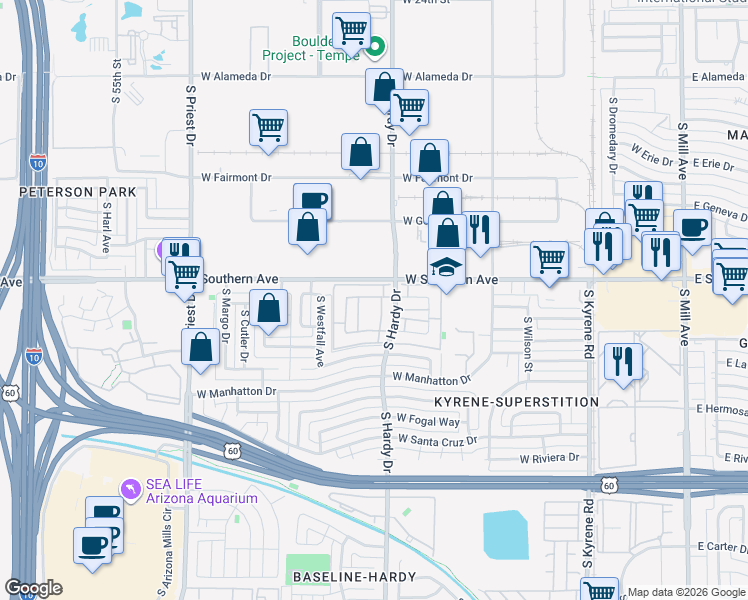 map of restaurants, bars, coffee shops, grocery stores, and more near 3410 South Hardy Drive in Tempe