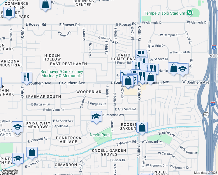map of restaurants, bars, coffee shops, grocery stores, and more near 6030 South 46th Place in Phoenix