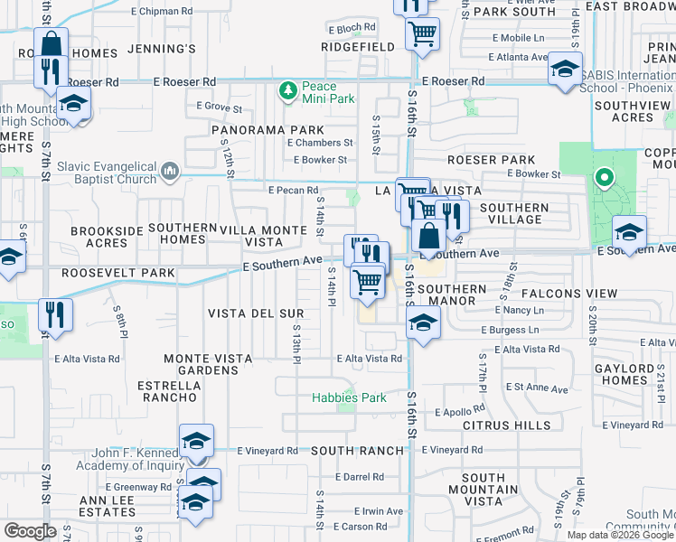 map of restaurants, bars, coffee shops, grocery stores, and more near 6030 South 14th Place in Phoenix