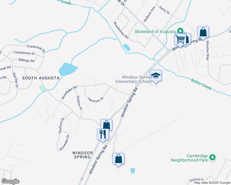 map of restaurants, bars, coffee shops, grocery stores, and more near 3526 Oakview Place in Hephzibah