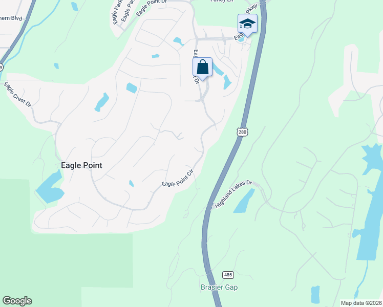 map of restaurants, bars, coffee shops, grocery stores, and more near 1004 Eagle Creek Cove in Birmingham
