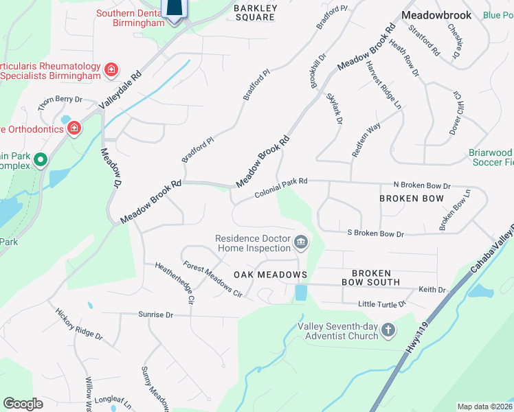 map of restaurants, bars, coffee shops, grocery stores, and more near 5163 Colonial Park Road in Birmingham