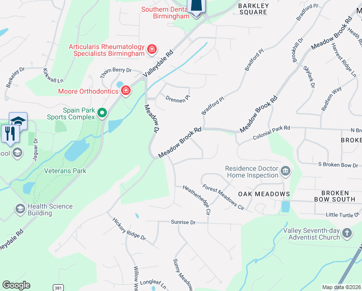 map of restaurants, bars, coffee shops, grocery stores, and more near 5249 Meadow Brook Road in Birmingham