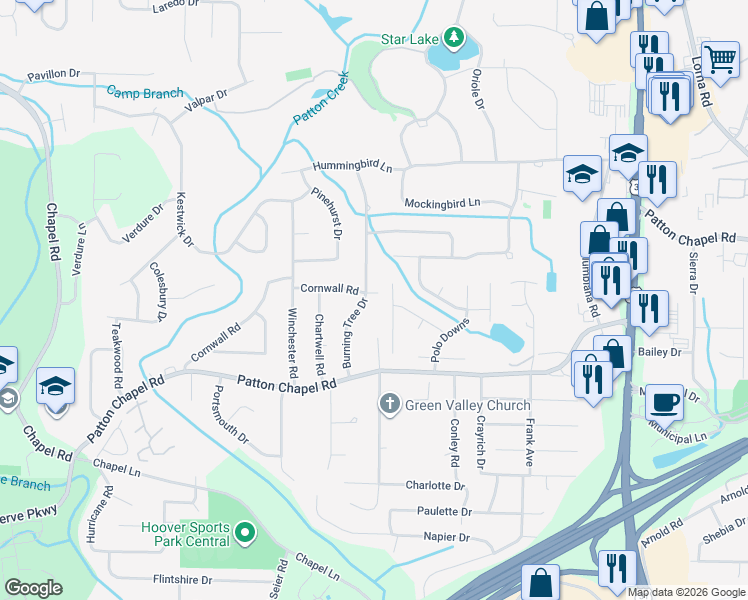 map of restaurants, bars, coffee shops, grocery stores, and more near 3222 Heathrow Downs in Birmingham