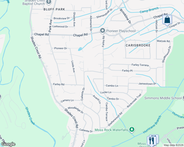 map of restaurants, bars, coffee shops, grocery stores, and more near 2253 Locke Circle in Birmingham