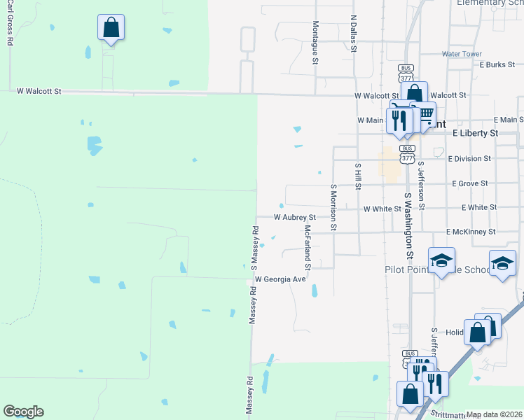 map of restaurants, bars, coffee shops, grocery stores, and more near 658 West Aubrey Street in Pilot Point