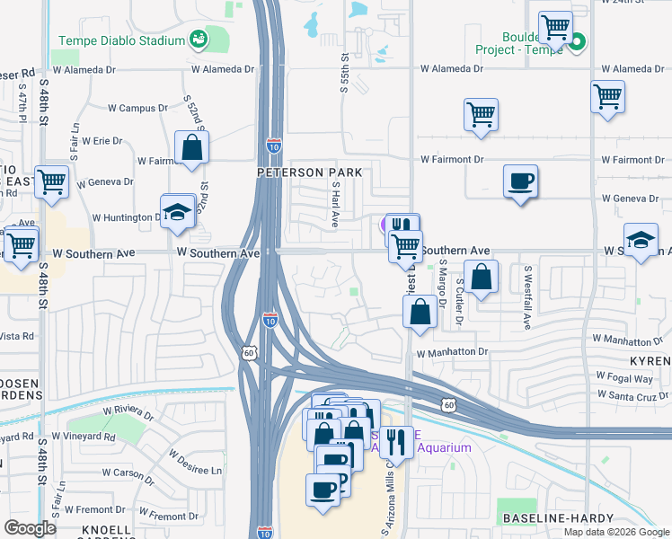 map of restaurants, bars, coffee shops, grocery stores, and more near 1636 West Village Way in Tempe