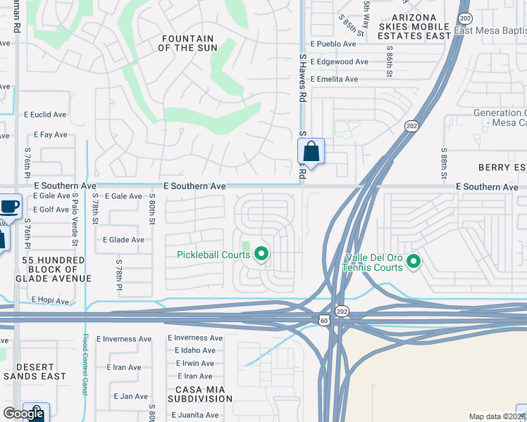 map of restaurants, bars, coffee shops, grocery stores, and more near Oriol Boulevard in Mesa