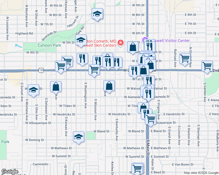 map of restaurants, bars, coffee shops, grocery stores, and more near 407 West Walnut Street in Roswell