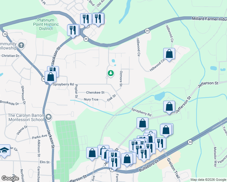 map of restaurants, bars, coffee shops, grocery stores, and more near 3 Oak Street in Newnan