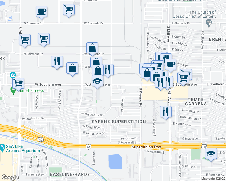 map of restaurants, bars, coffee shops, grocery stores, and more near 3331 South Roosevelt Street in Tempe